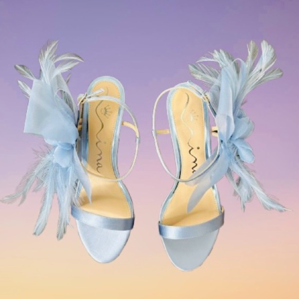 Nina Women Sheryl Almond Toe Dress Sandals 9.5 M Icy Blue Crystal Satin/Feather - Picture 11 of 16